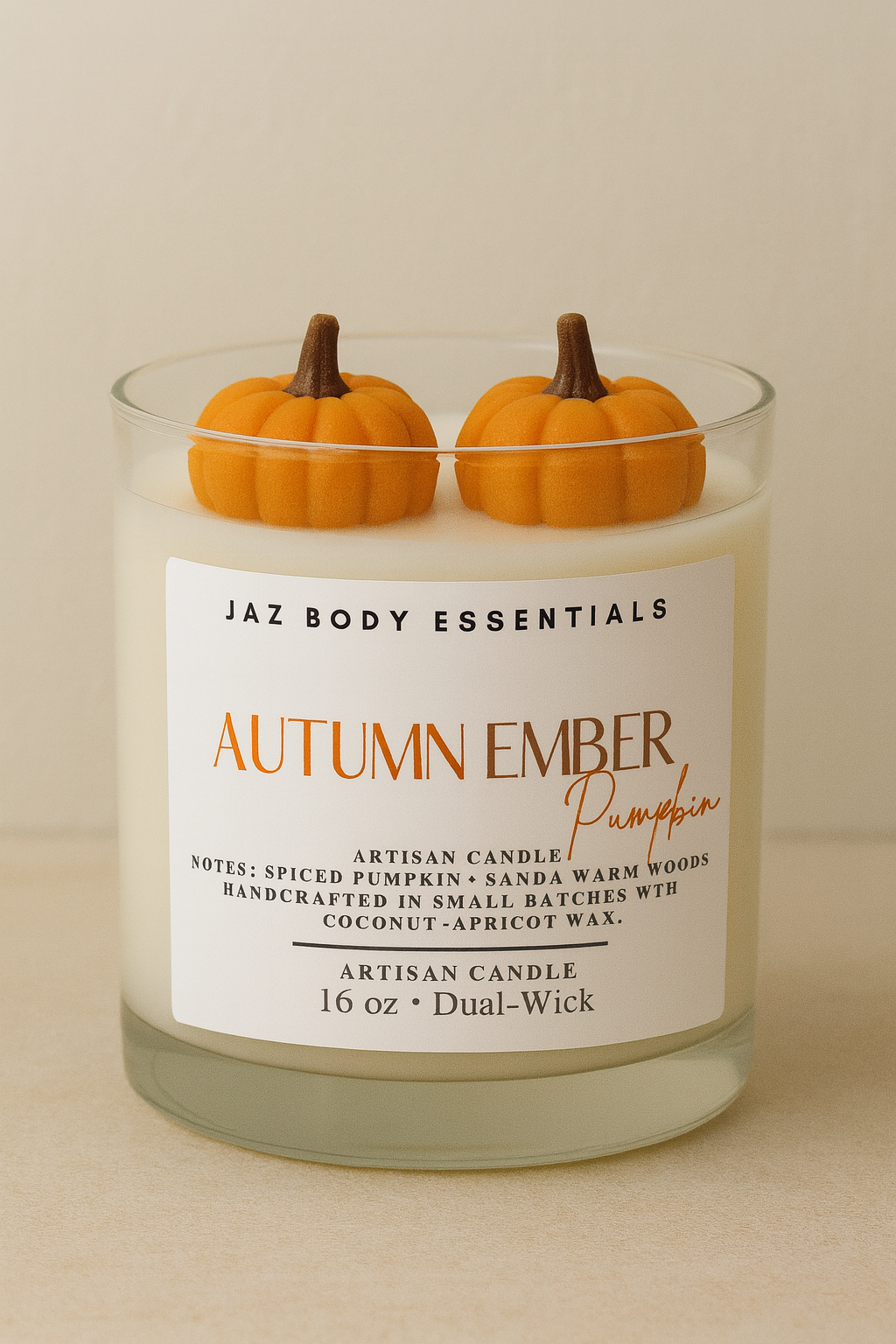 Candle with pumpkins on top labeled 'Autumn Ember Pumpkin' by Jaz Body Essentials.