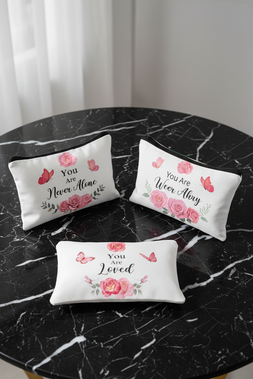 Three decorative pillows with floral designs and text on a black marble table.
