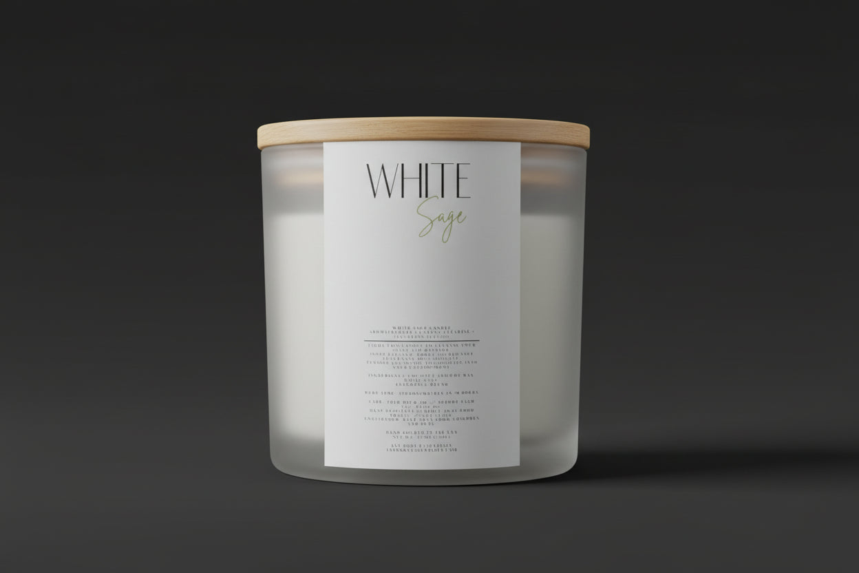 White candle labeled 'White Sage' on a surface with a blurred background