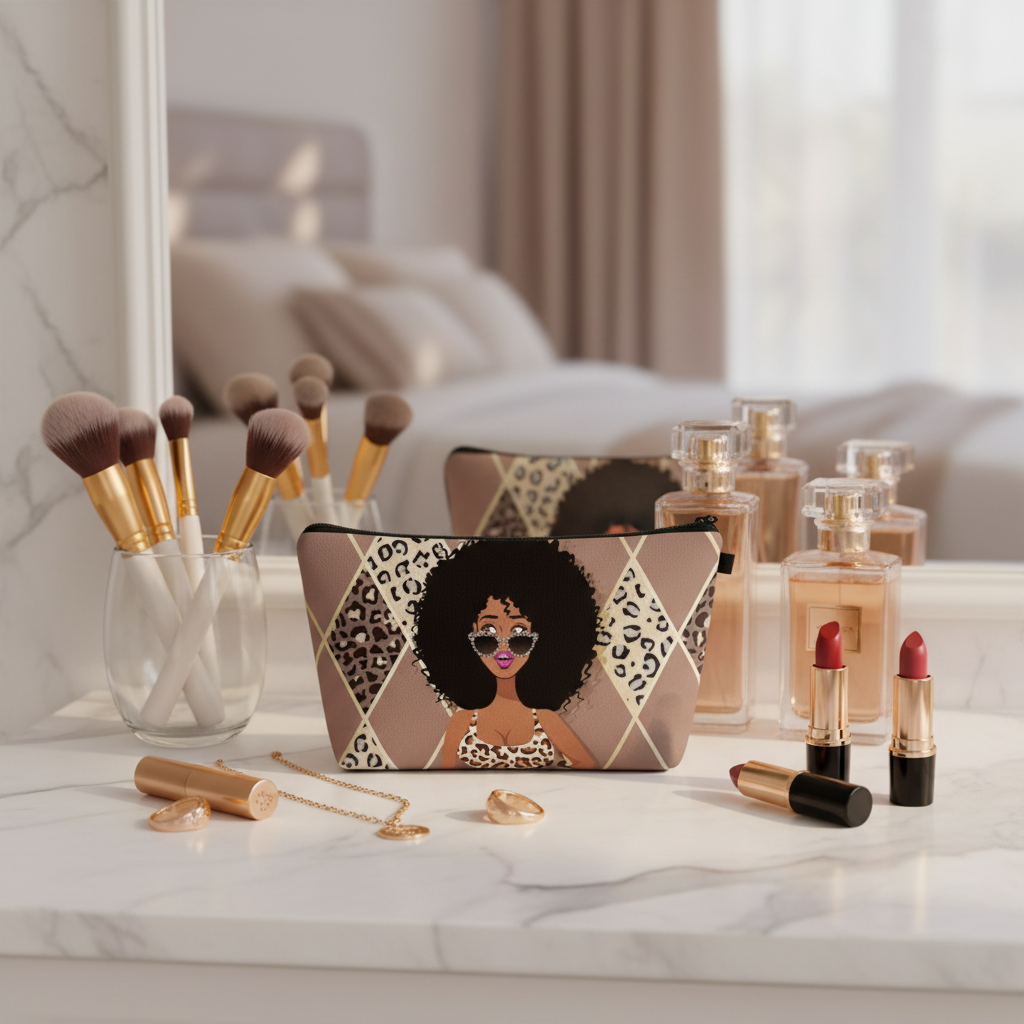 Makeup bag with a design of a woman's face surrounded by makeup items on a marble surface.