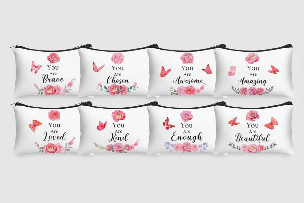 Set of self-worth cosmetic bags with various messages on a white background