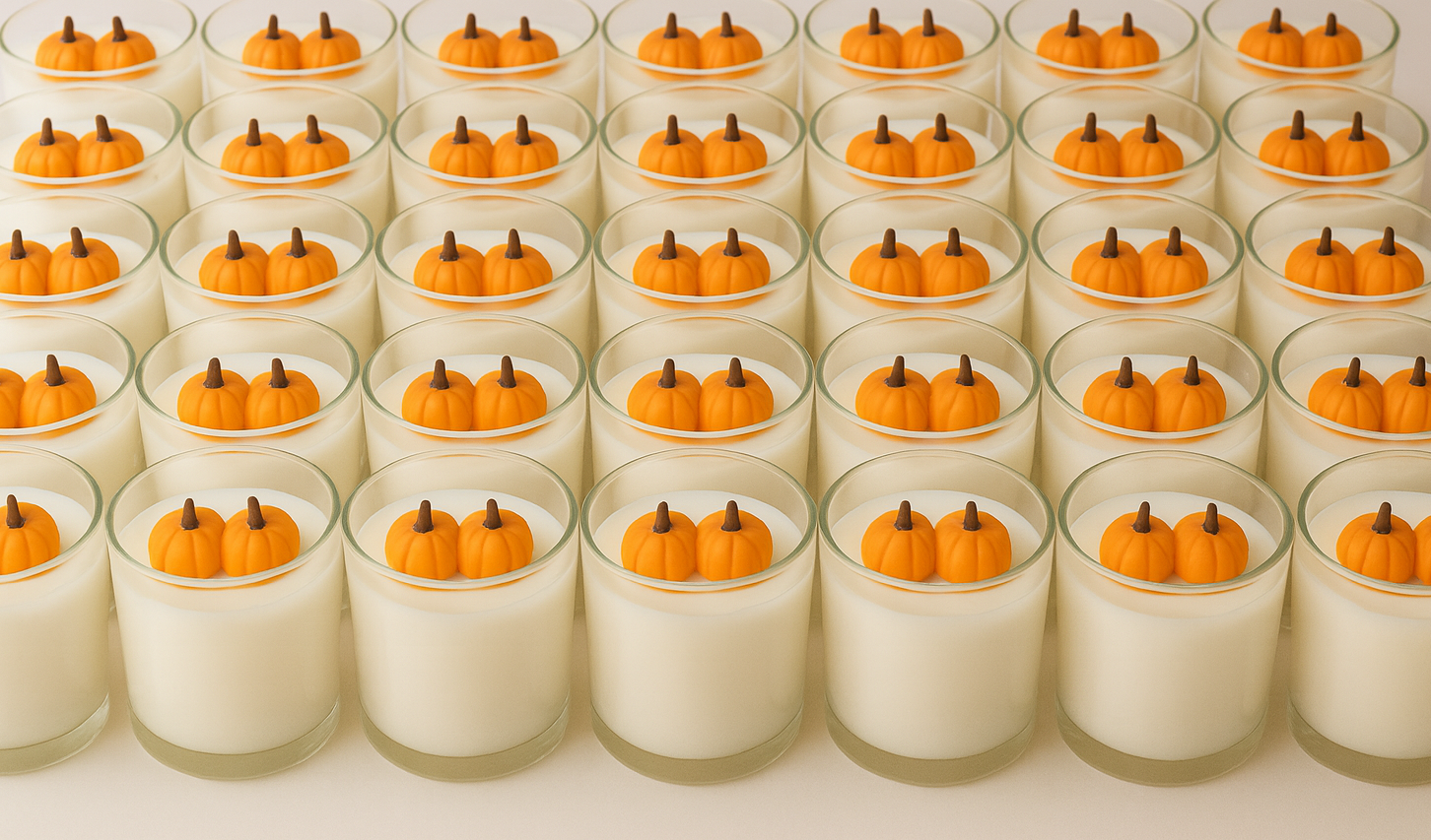 Multiple small glass containers with white candle wax and orange pumpkin decorations on a white background