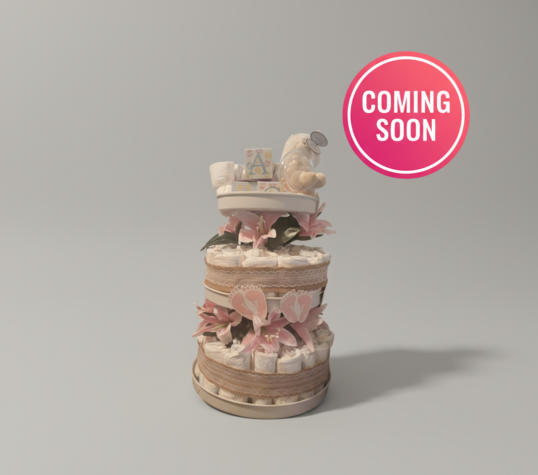 Baby shower setup with a diaper cake, balloons, and decorations.