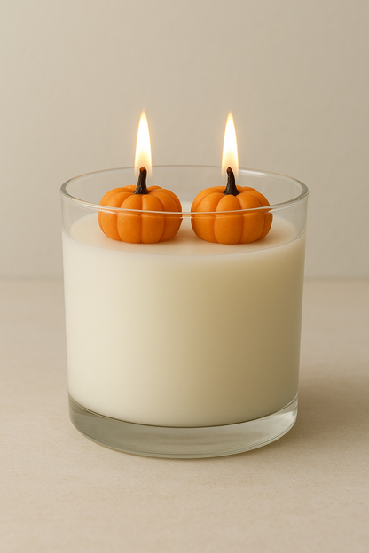 Two pumpkin-shaped candles in a glass container on a beige background