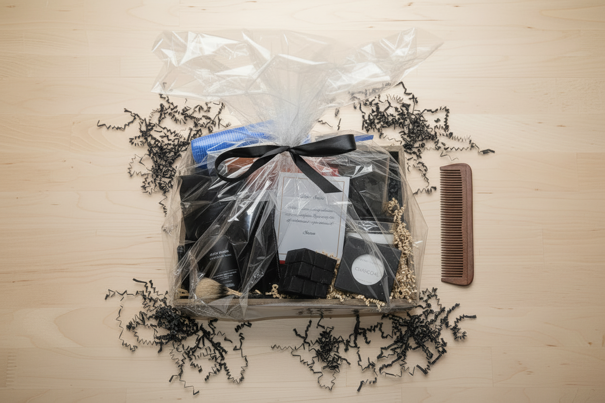 Gift basket with a comb on a wooden surface