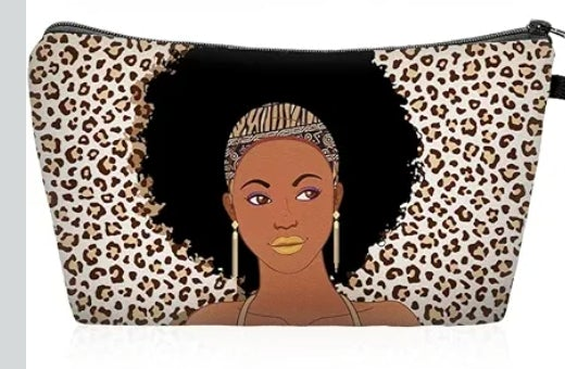 Pouch with leopard print design featuring an illustration of a woman with an afro and headwrap.