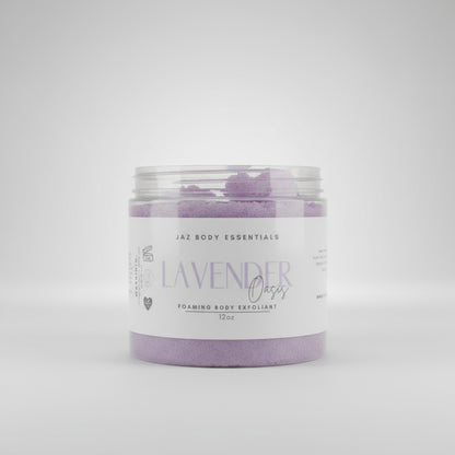 Jar of Jaz Body Essentials Lavender Oasis Foaming Body Exfoliant on a neutral background