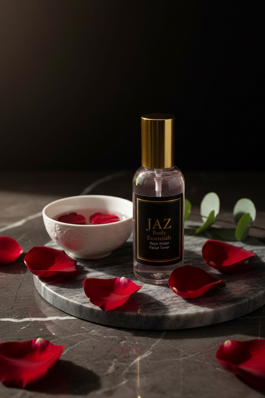 Bottle of JAZ perfume on a dark surface with red rose petals