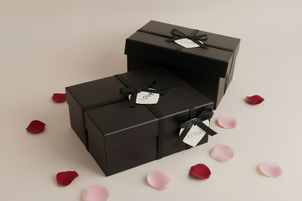 Two black gift boxes with ribbons and tags on a light surface with scattered rose petals.