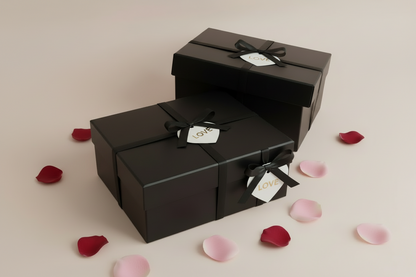 Two black gift boxes with ribbons and tags on a light surface with scattered rose petals.
