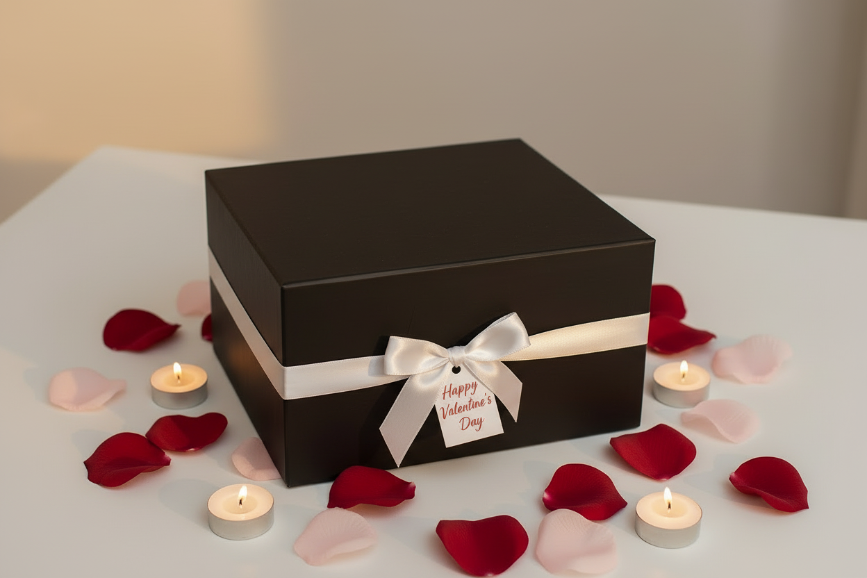 Black gift box with a white ribbon and 'Happy Valentine's Day' tag, surrounded by candles and rose petals on a light surface.