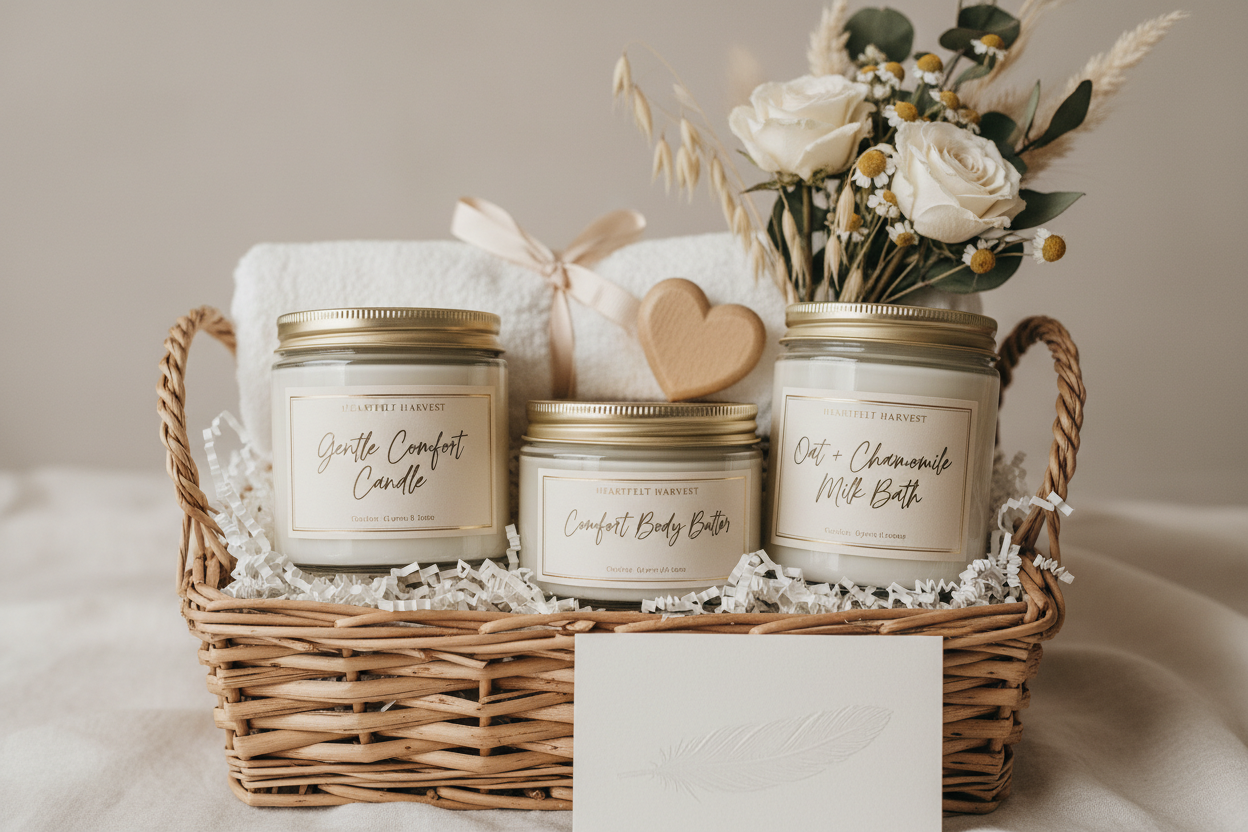 The Pregnancy Loss Comfort Basket was created with love and sensitivity — a comforting gesture for someone experiencing loss. Each basket includes our Gentle Comfort Candle, Comfort Body Butter, and Oat + Chamomile Milk Bath, crafted to soothe both the skin and the spirit. (make sure jar tops are gold
