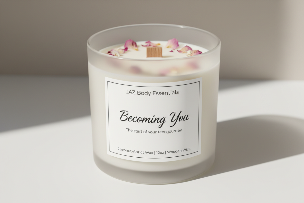 The start of your teen journey under the Jaz Body Essentials, and Coconut-Apricot Wax | 12oz | Wooden Wick at the bottom