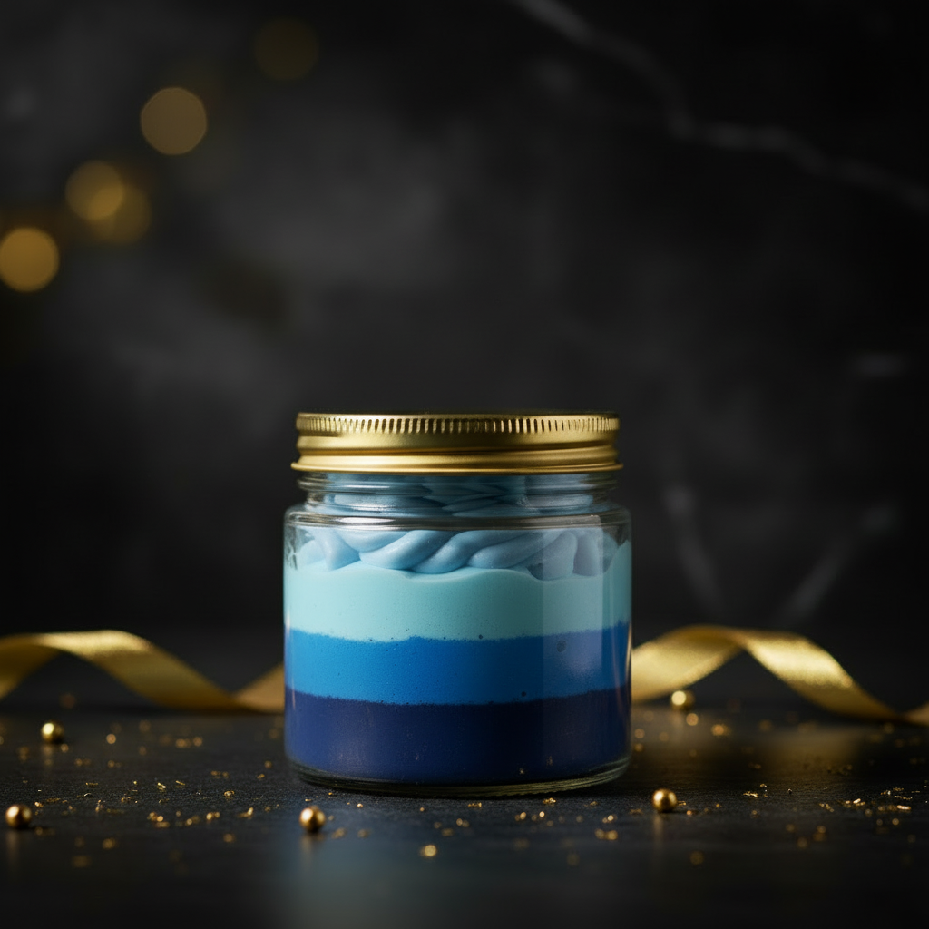 Jar with layered blue and white contents on a dark background with gold accents