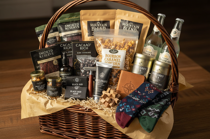 Gift basket with snacks, drinks, and other items on a wooden surface