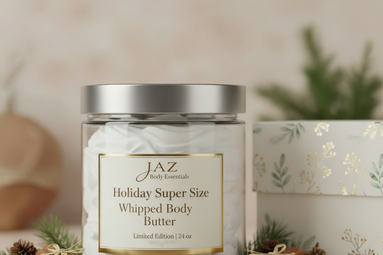 JAZ Holiday Super Size Whipped Body Butter jar with decorative background