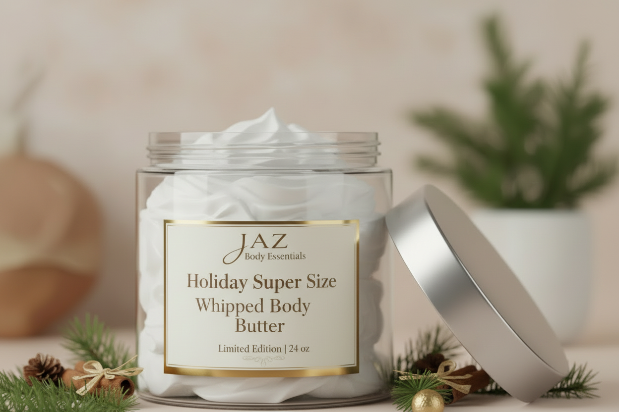 JAZ Holiday Super Size Whipped Body Butter jar with lid off on a decorative background