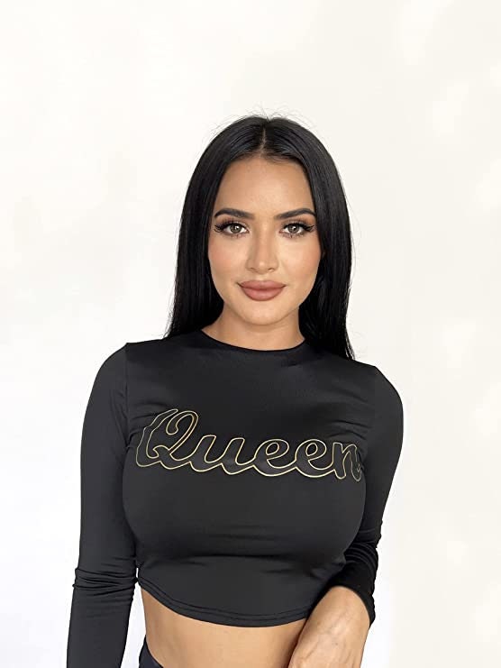 Long Sleeve Crew Neck Fitted Crop Top | Print Queen Long Sleeve Top - JAZ Body Essentials